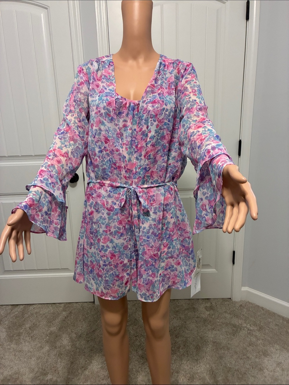 Sheer Floral Tie-Waist Robe Cover-Up in Pink & Blue by in bloom by jonquil.